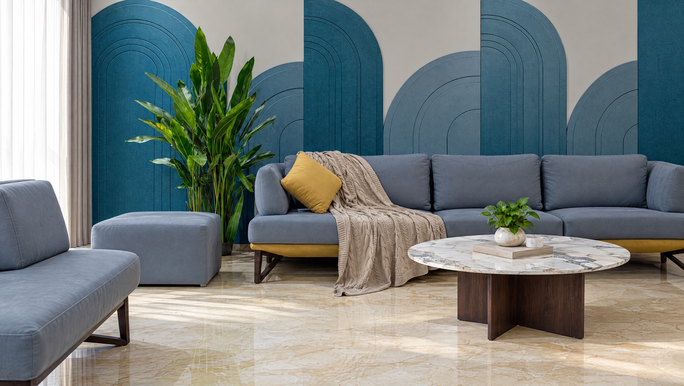 Lounge with arched blue wall panels