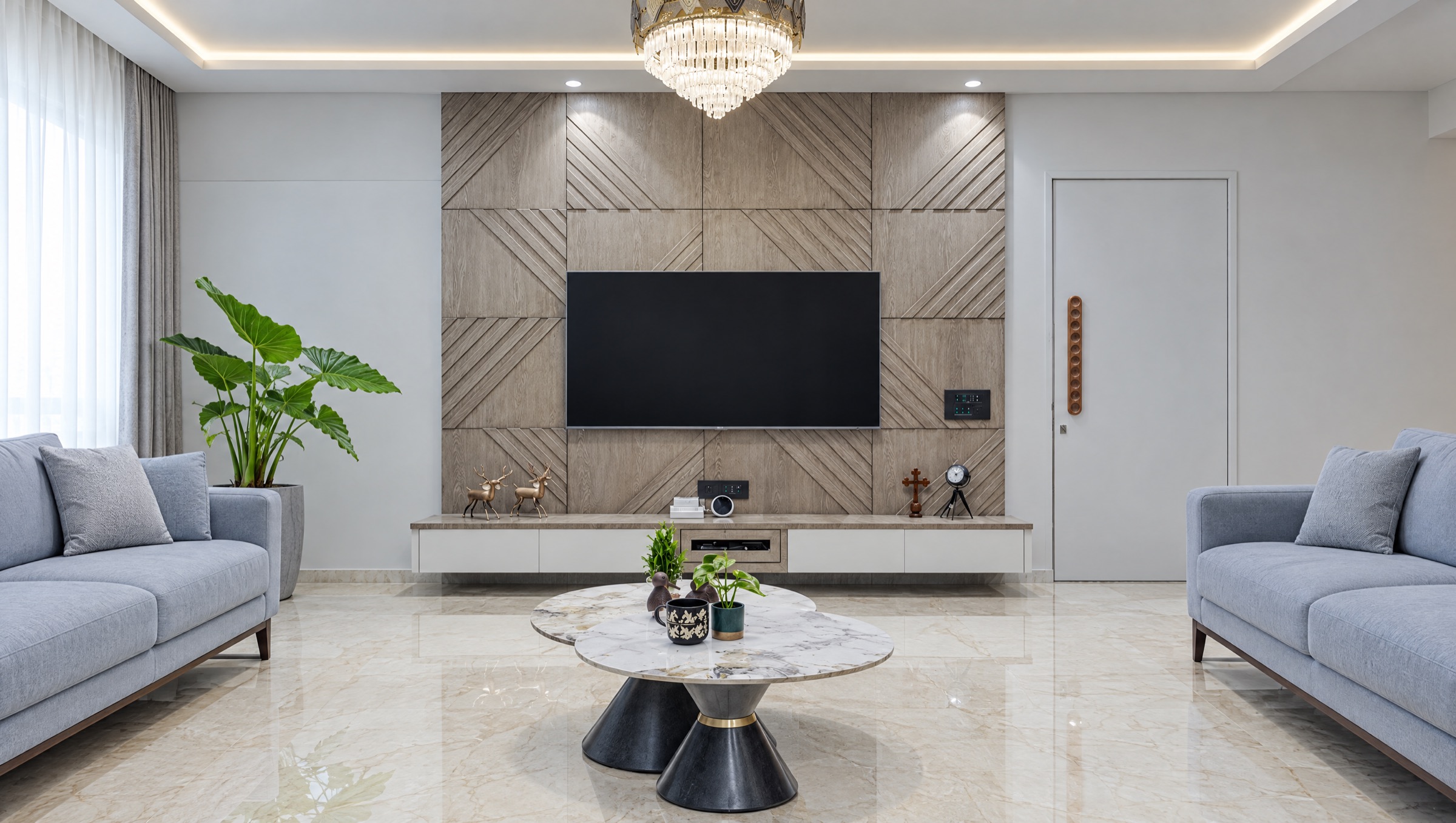 Fluted oak feature wall in a living room