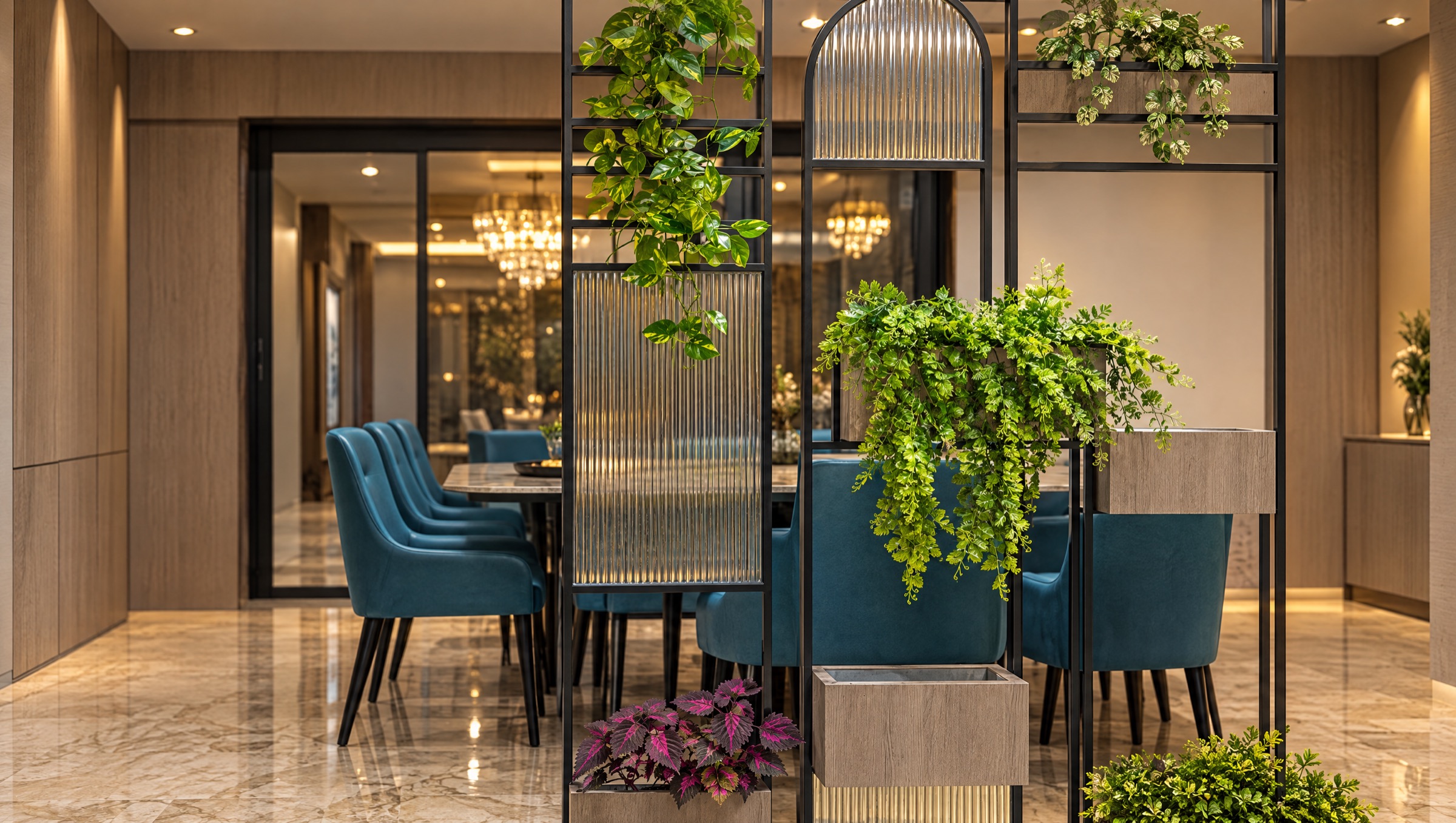 Fluted-glass partition in front of a dining table